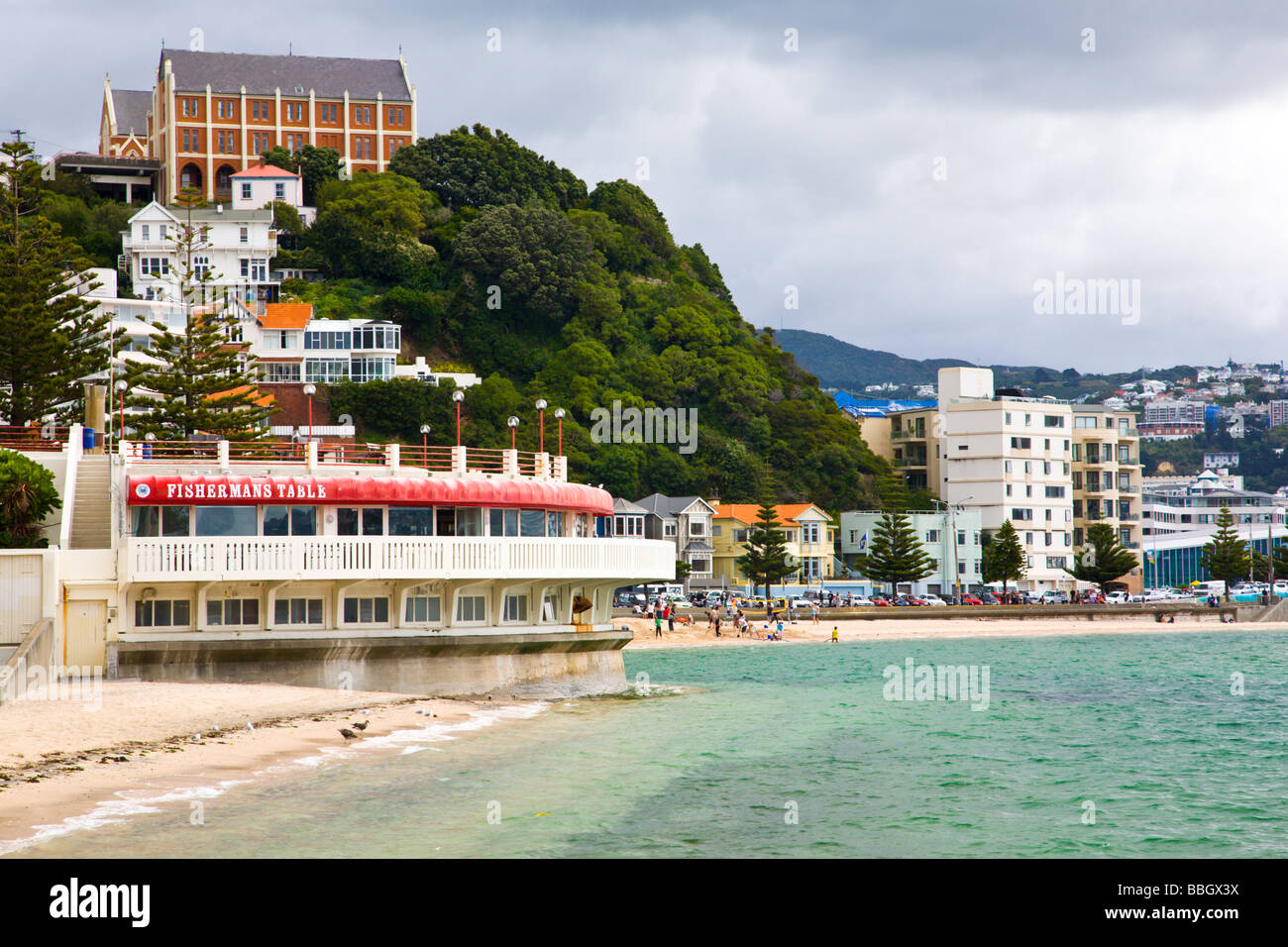 The Fishermans Table Resturant with Oriental Beach in the beackground Wellington North Island New Zealand Stock Photo