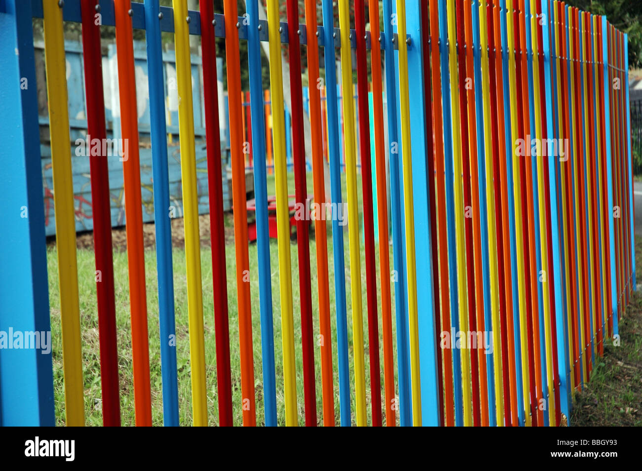 Colourful railings from a kids play area in Wandsworth LOndon Stock ...