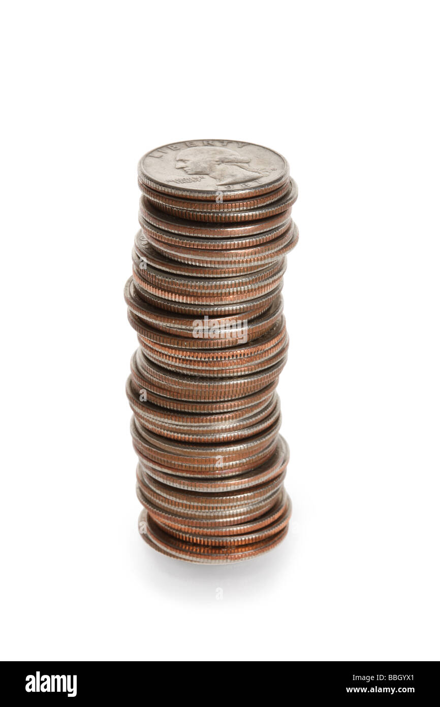 Stack of quarters on white background Stock Photo