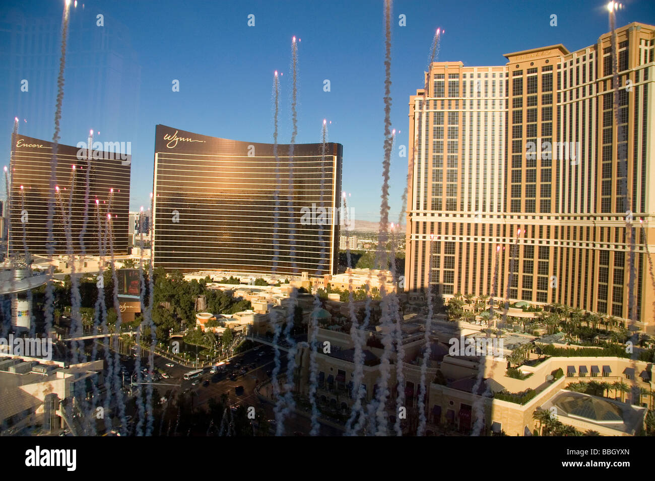 Fireworks from Treasure Island hotel and casino in Las Vegas Nevada USA Stock Photo