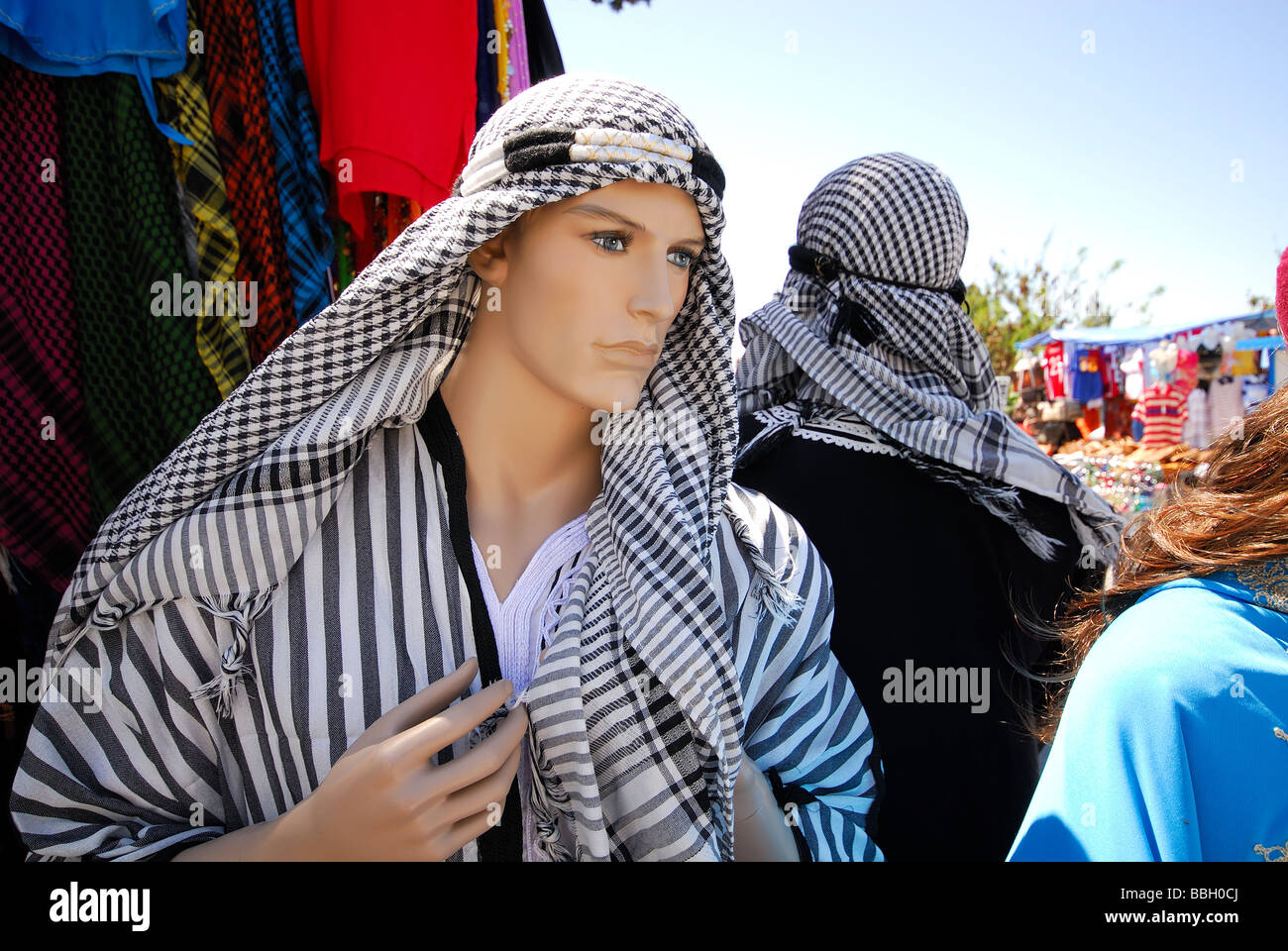 TUNIS, TUNISIA. Dummies modelling traditional Tunisian clothes at a market in Sidi bou Said outside Tunis. 2009. Stock Photo