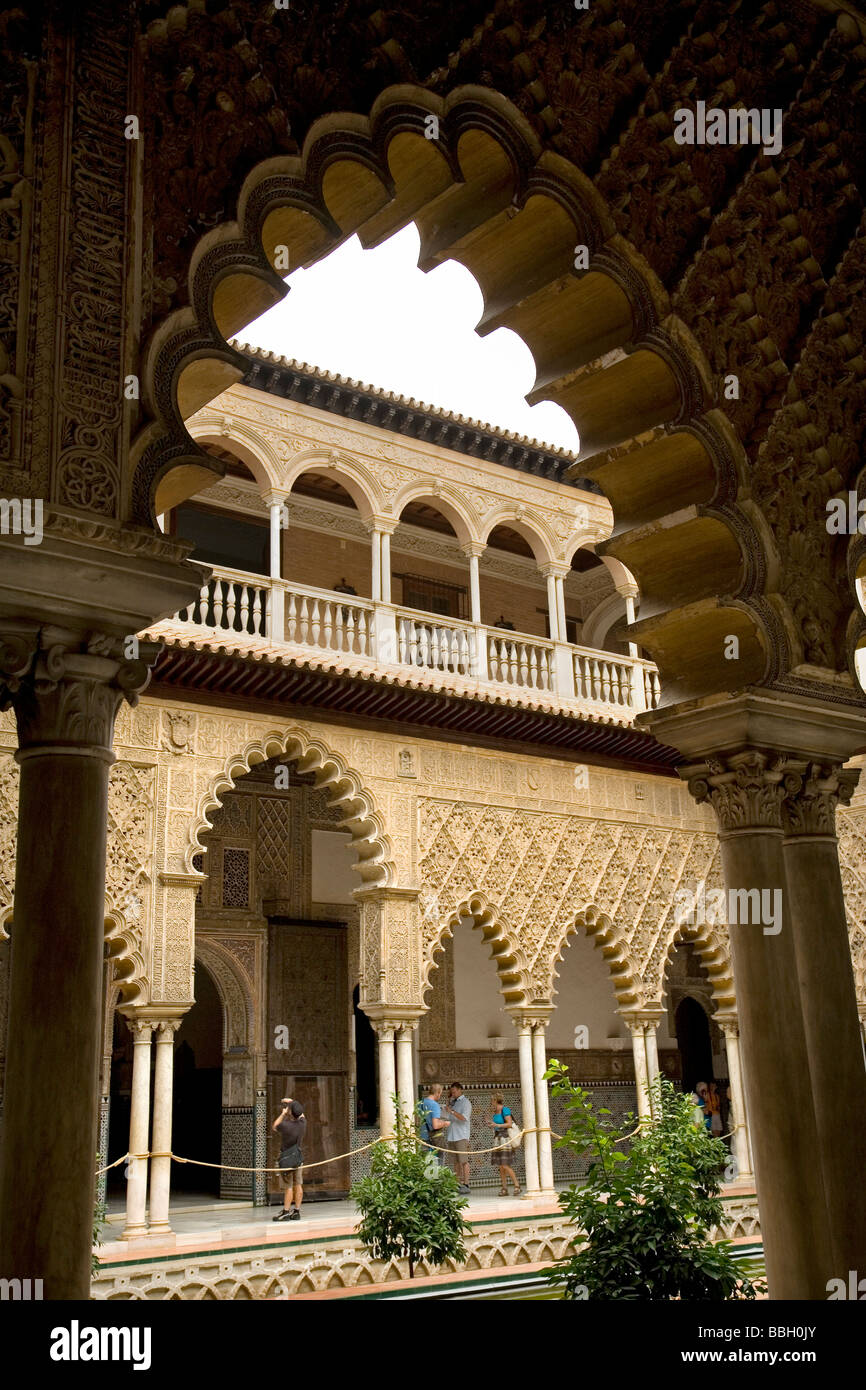 Courtyard of Las Doncellas in the Mudejar Palace of Los Reales Alcazares Seville Andalusia Spain Stock Photo