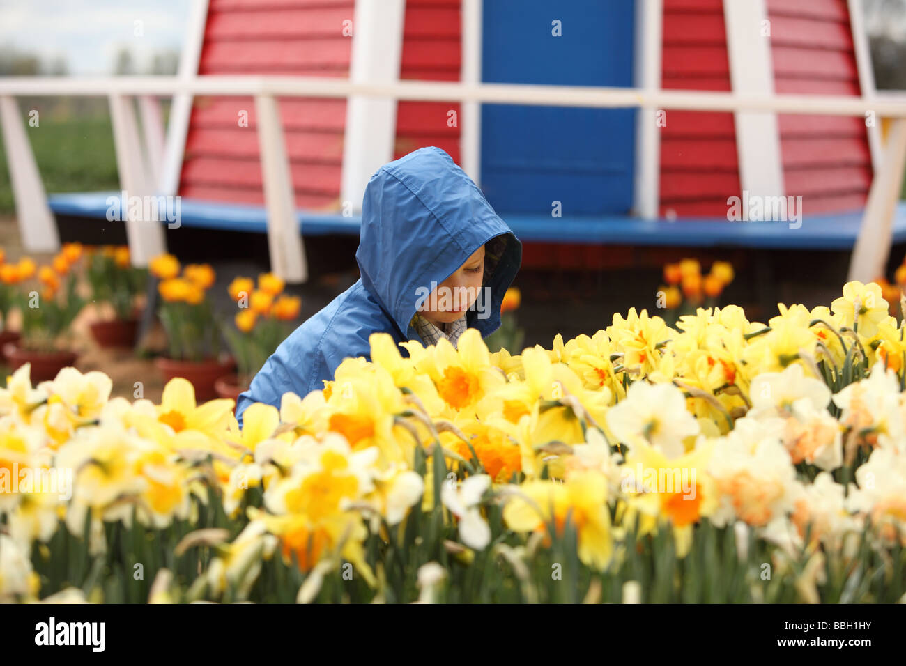 Young boy in rain jacket smelling flowers Stock Photo
