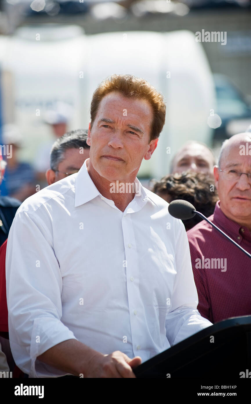 Jesusita fire press conference, Governor Arnold Schwarzenegger, Earl Warren Showgrounds, Santa Barbara, California, May 7, 2009 Stock Photo