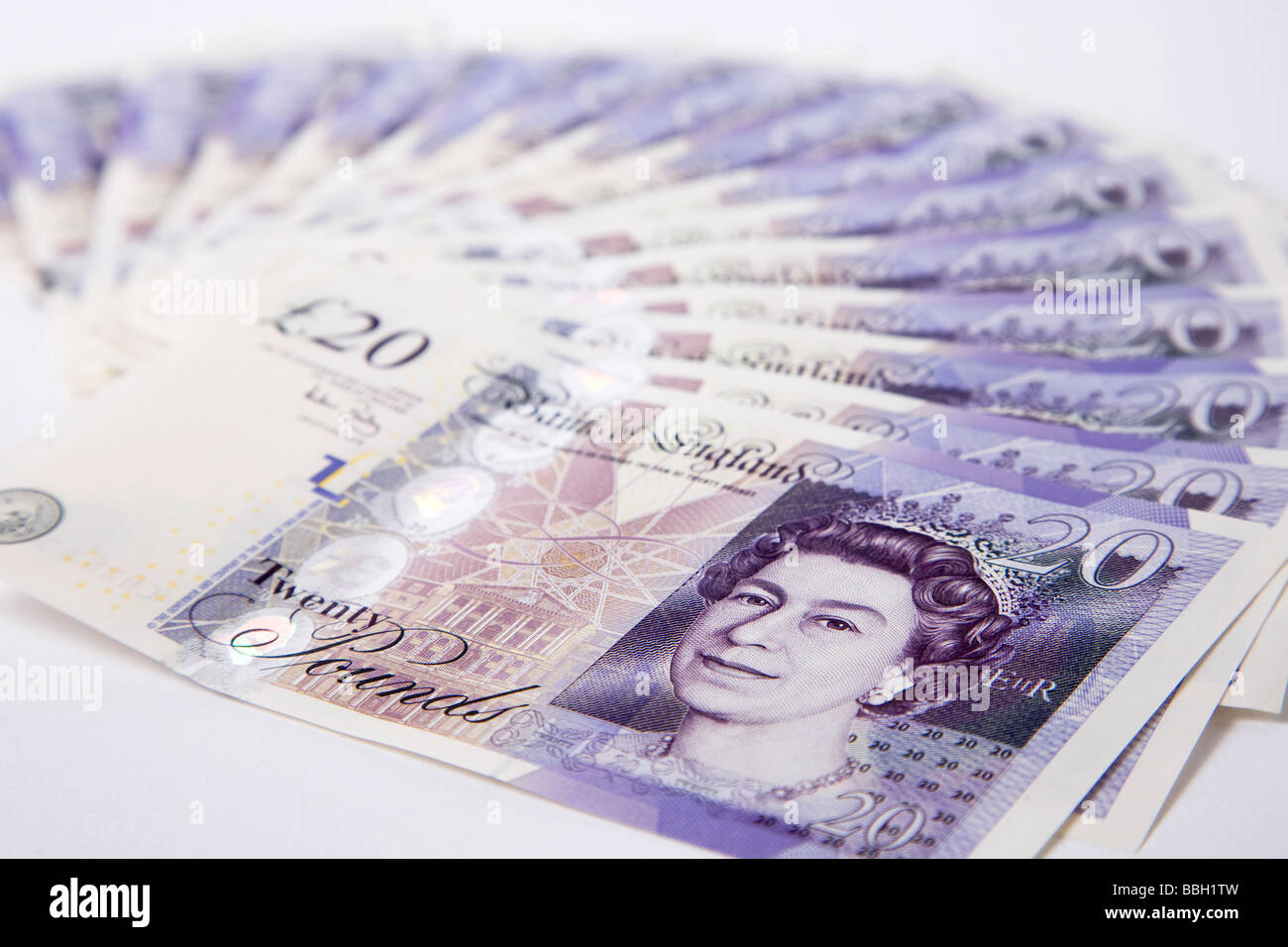 'twenty pounds' note 'twenty pound' notes money sterling currency bundle stack Stock Photo