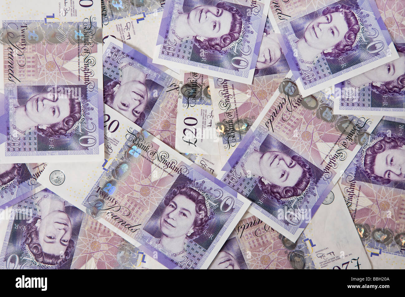 'twenty pounds' note 'twenty pound' notes money sterling currency bundle stack Stock Photo