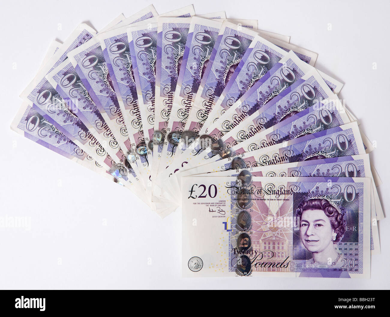 'twenty pounds' note 'twenty pound' notes money sterling currency bundle stack Stock Photo
