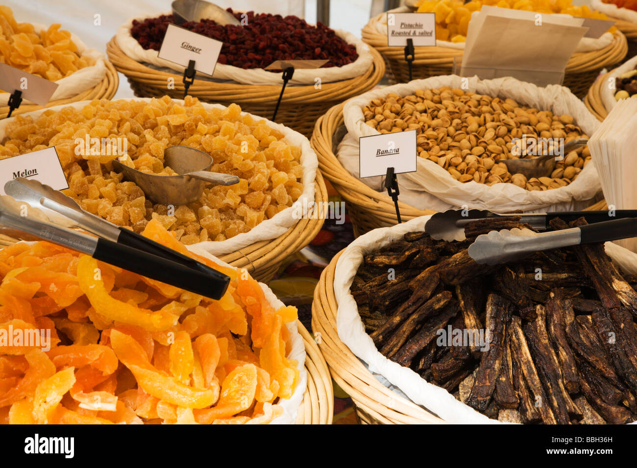 Dried Fruits and Nuts at a French Market in St Anns Square Manchester