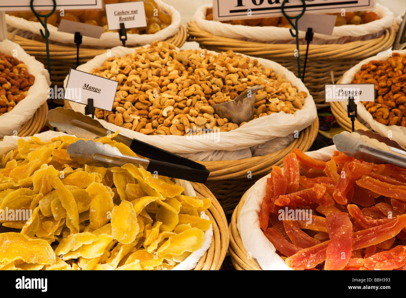 Dried Fruits and Nuts at a French Market in St Anns Square Manchester England Stock Photo Alamy