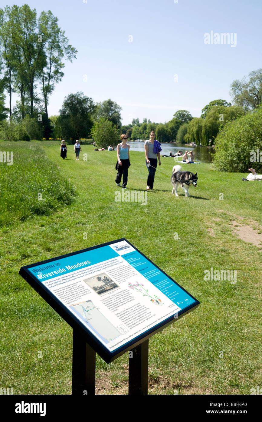 People walking the dog by the river Thames on the towpath, Wallingford, Oxfordshire, UK Stock Photo