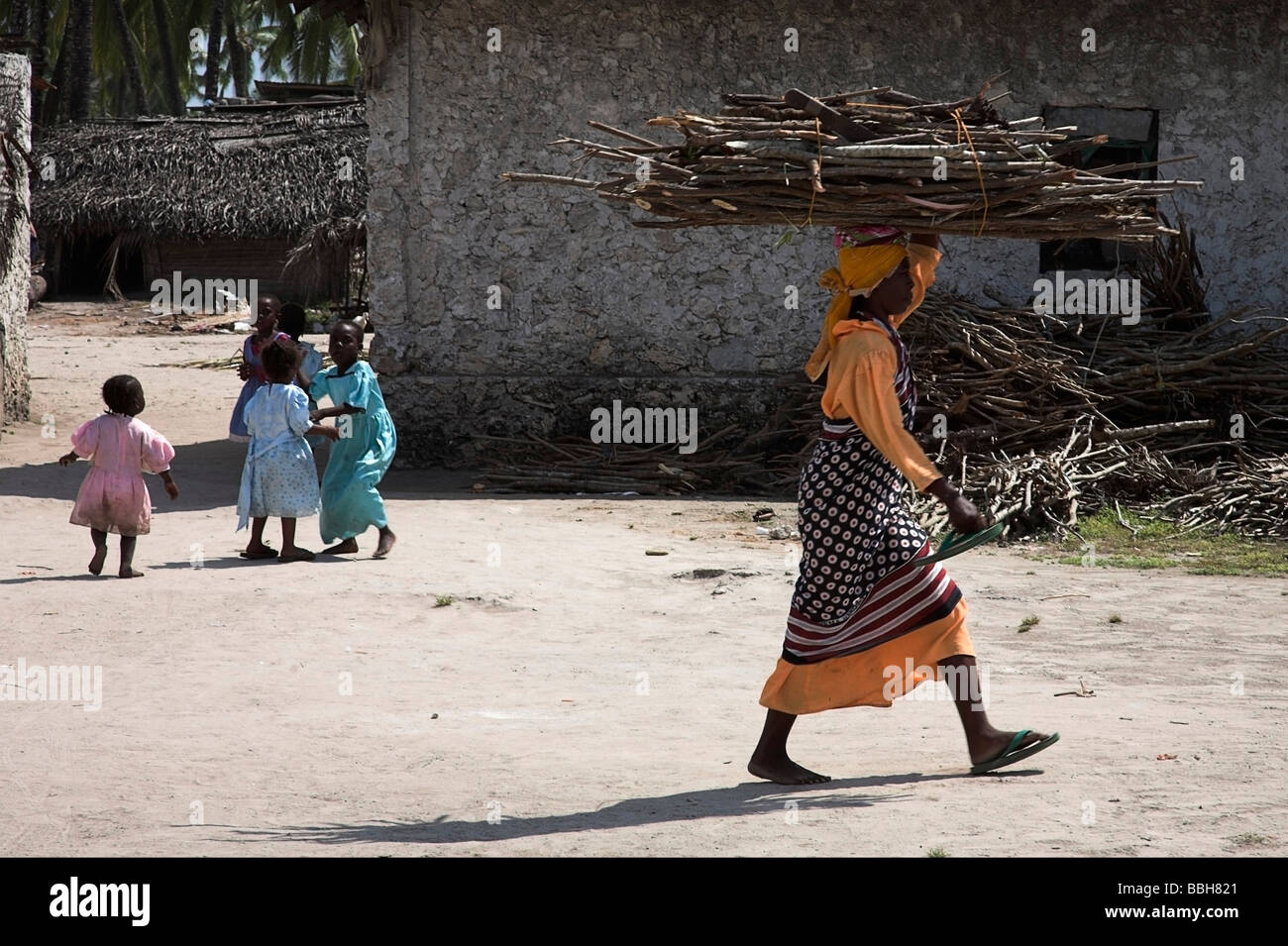 Zanzibar, Tanzania; Woman carrying sticks on head Stock Photo