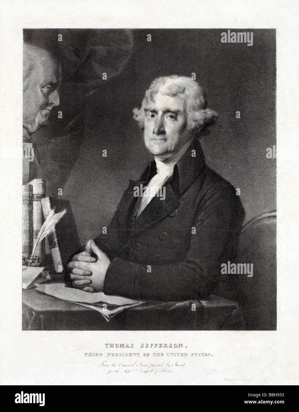 Portrait print circa 1828 of Thomas Jefferson (1743 – 1826), the third President of the United States (1801 - 1809). Stock Photo