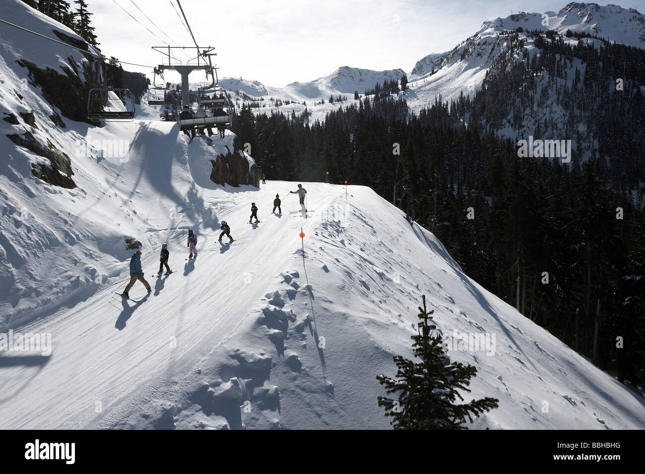 Children learning to ski on the slopes of Whistler mountain British Columbia Canada Stock Photo