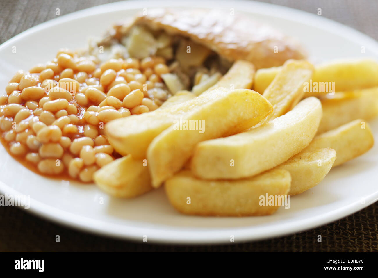 Traditional British Cornish Pasty with Chips and Baked Beans In Tomato ...