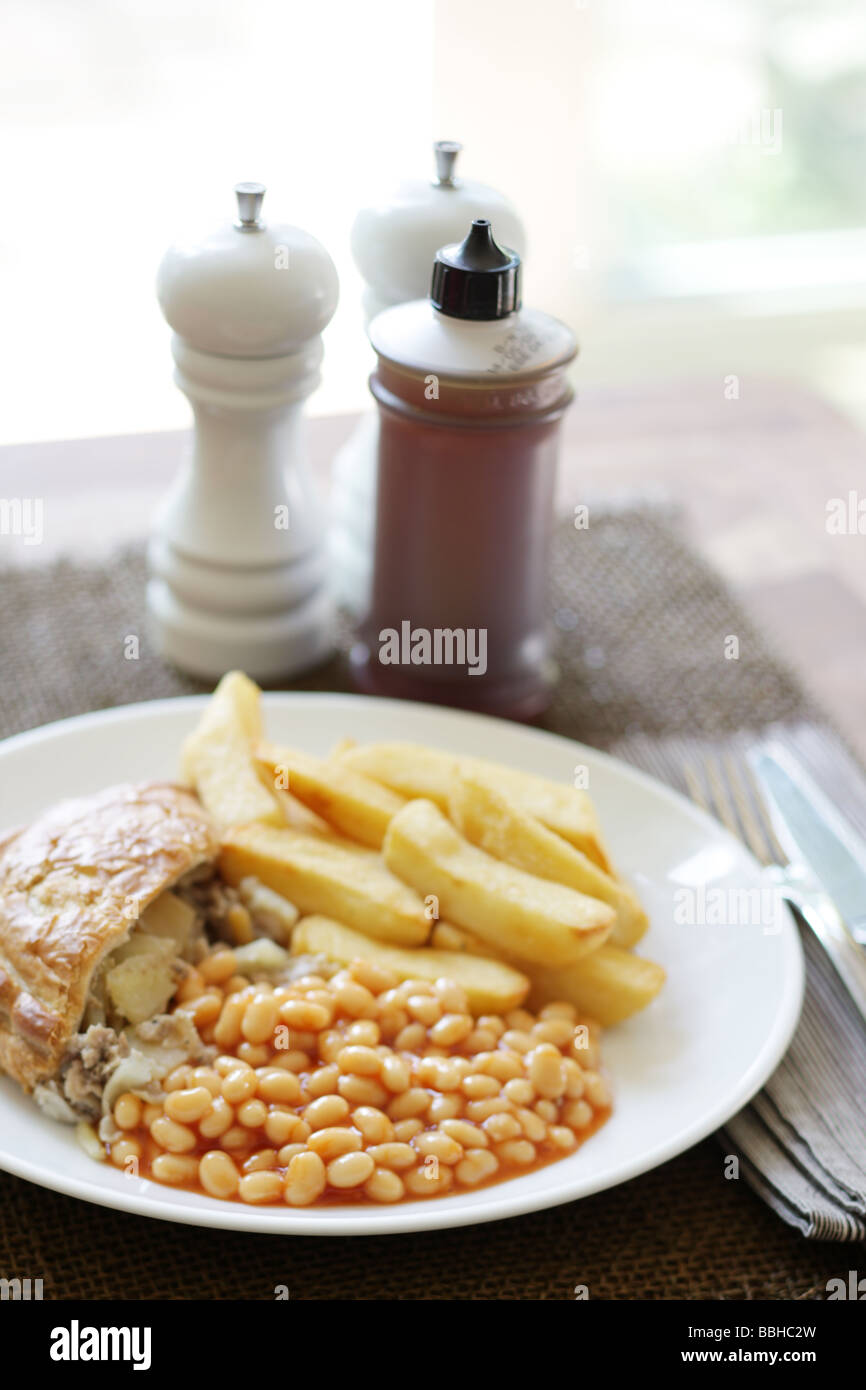 Pasty with Chips and Beans Stock Photo Alamy