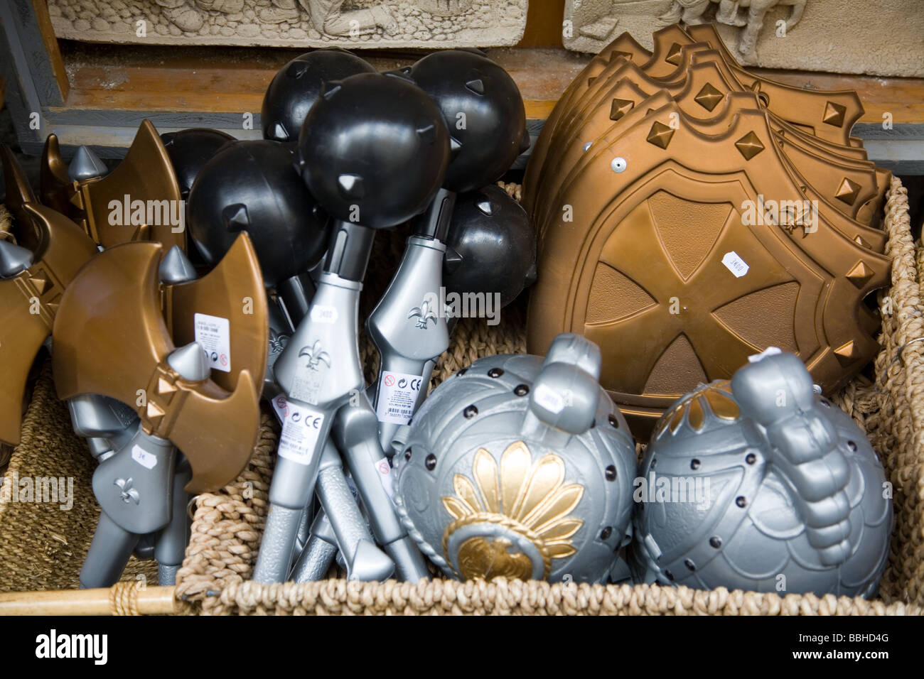 Toy replicas of various medieval weapons displayed in Carcassonne France Stock Photo