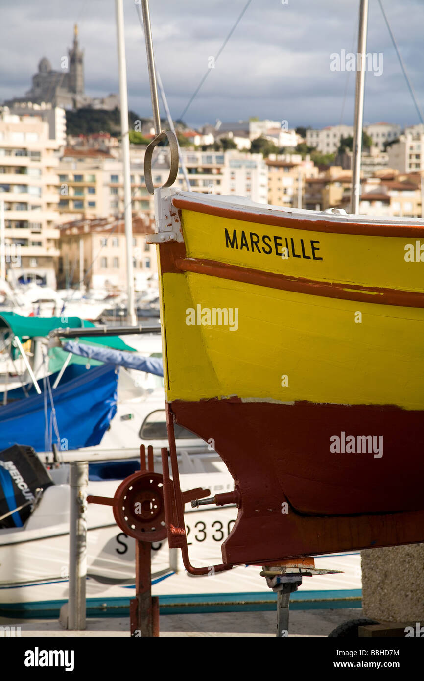 Boat in drydock along Marseille Vieux Port Stock Photo