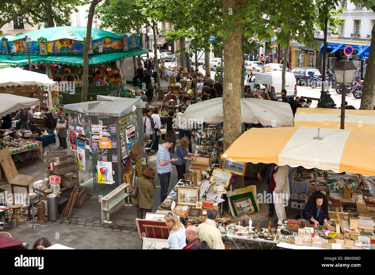 Weekend flea market held in Place des Abbesses in the Montmartre district of Paris France Stock