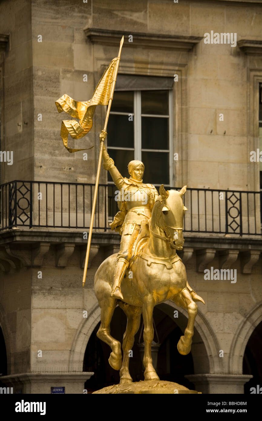 Statue of Joan of Arc standing along Rue Rivoli in Paris France Stock