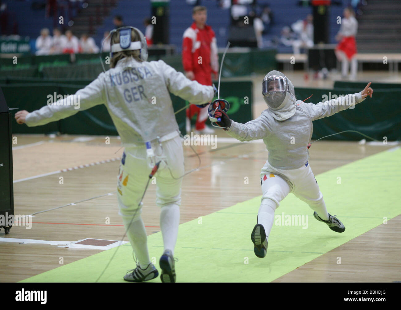 Sabre fencer Alexandra Bujdoso winning against Stefanie Kubissa at the World Cup Championships, Koblenz, Rhineland-Palatinate,  Stock Photo