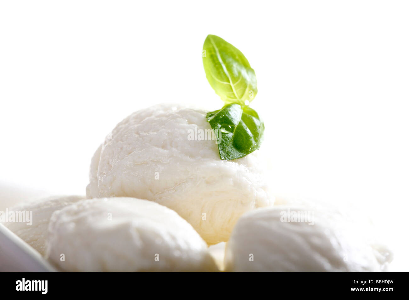 Mozzarella balls with basil in a bowl Stock Photo