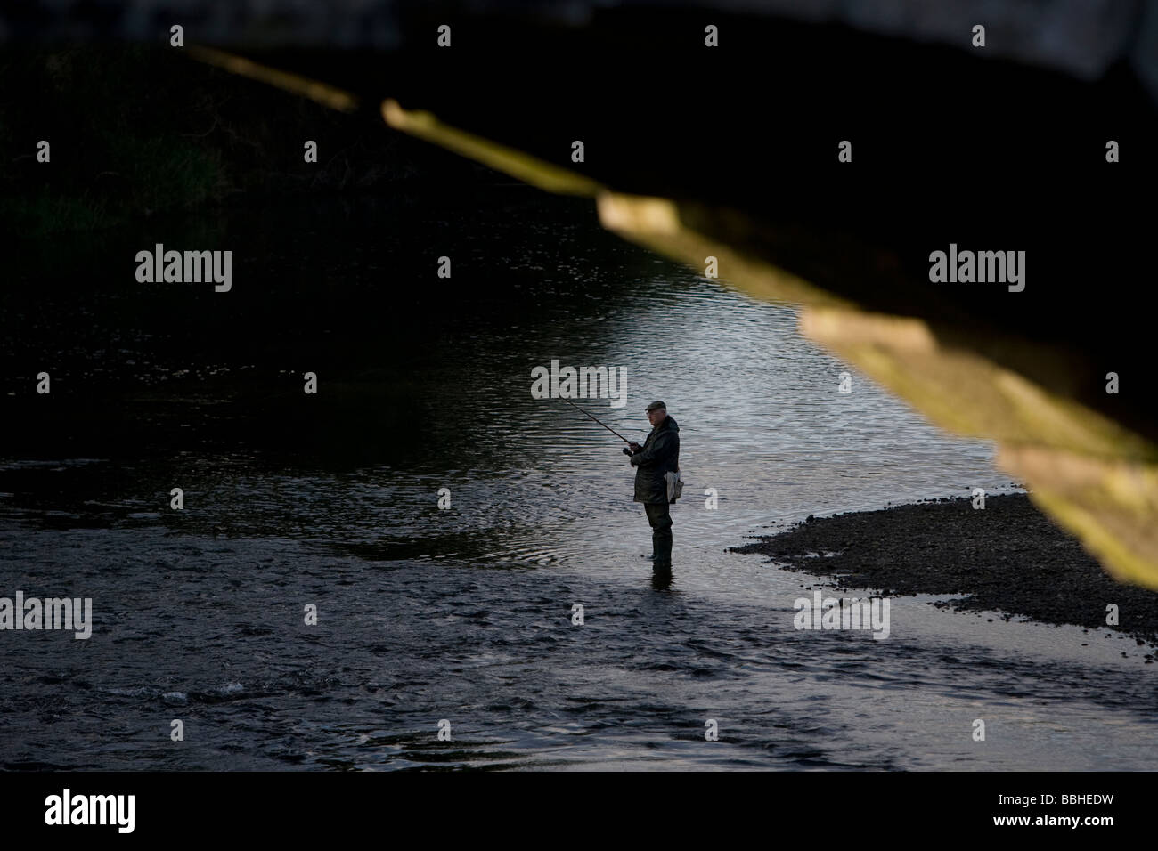 A fisherman casts his rod into the River Severn at Atcham near Shrewsbury, Shropshire. Stock Photo