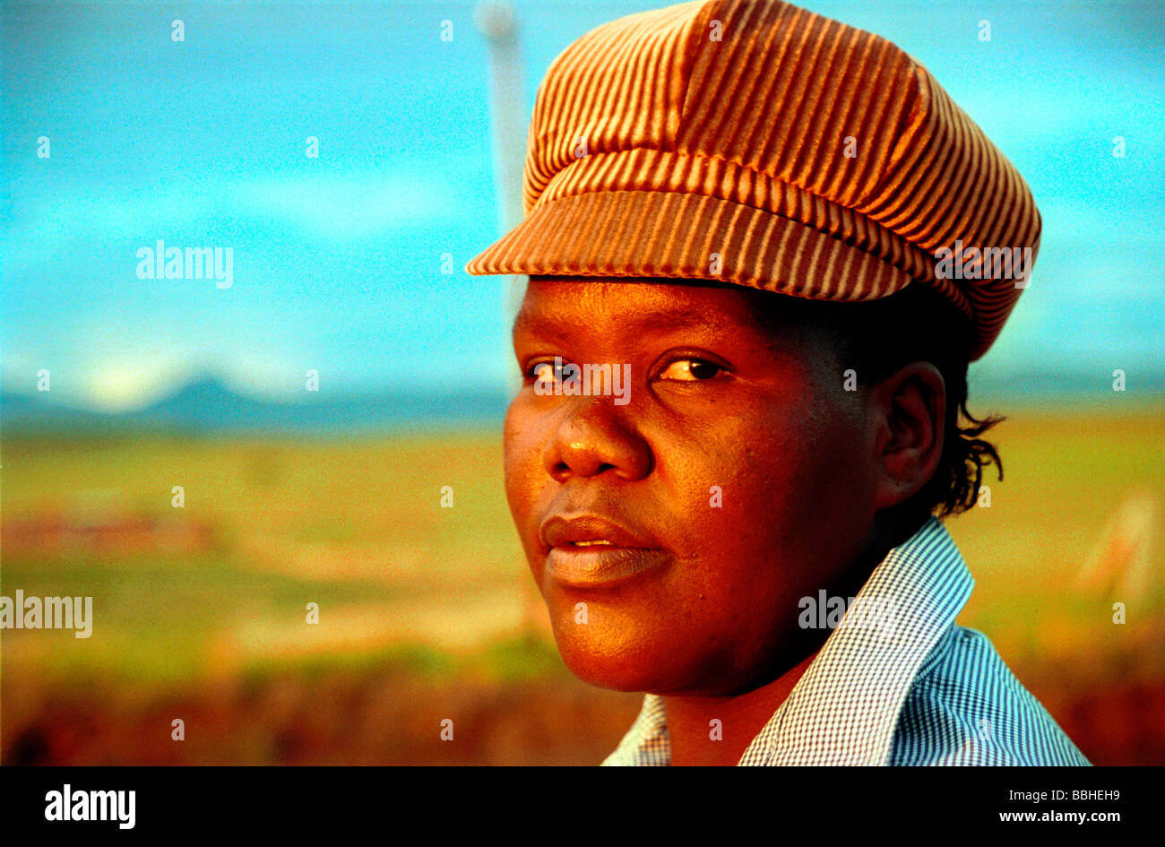 near Bergville KwaZulu Natal South Africa January 1993 women girls girl lady ladies hat hats cap caps face facial features Stock Photo