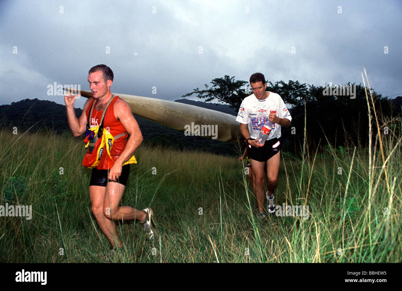 Scott Maynard and Warren Price take an early lead on the Campbell s Portage near the start of the Husquarvana Non Stop Dusi Now Stock Photo