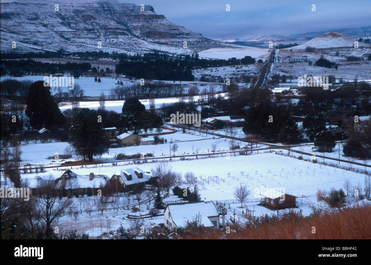 the town of Clarens in the snow Clarens Freestate South Africa Stock Photo