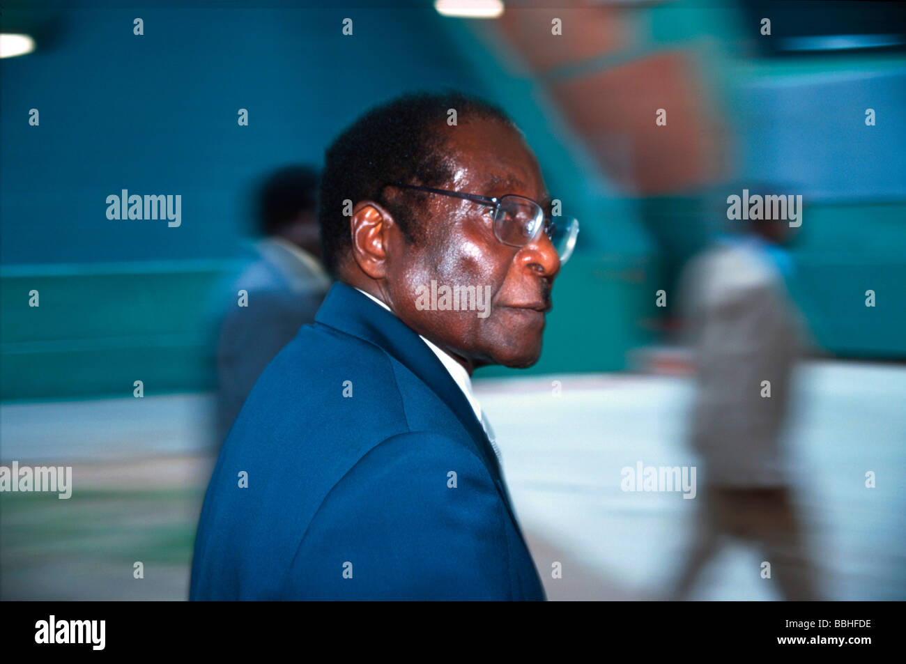 Robert Mugabe president of the Republic of Zimbabwe at the launch of the African Union at the Absa Stadium in Durban South Stock Photo