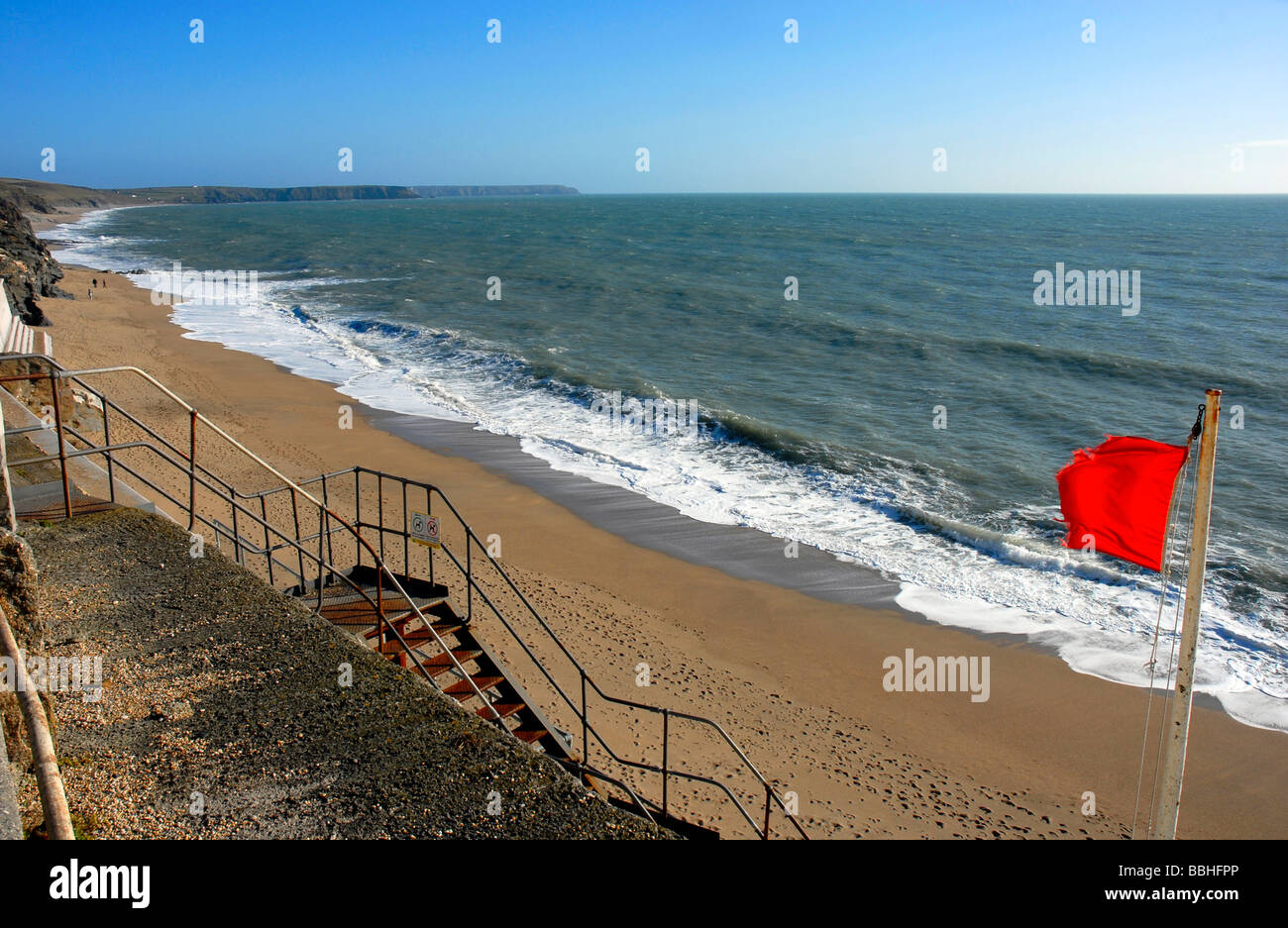 Red flag, red warning flag, warning, danger Porthleven beach, Cornwall, Britain, UK Stock Photo