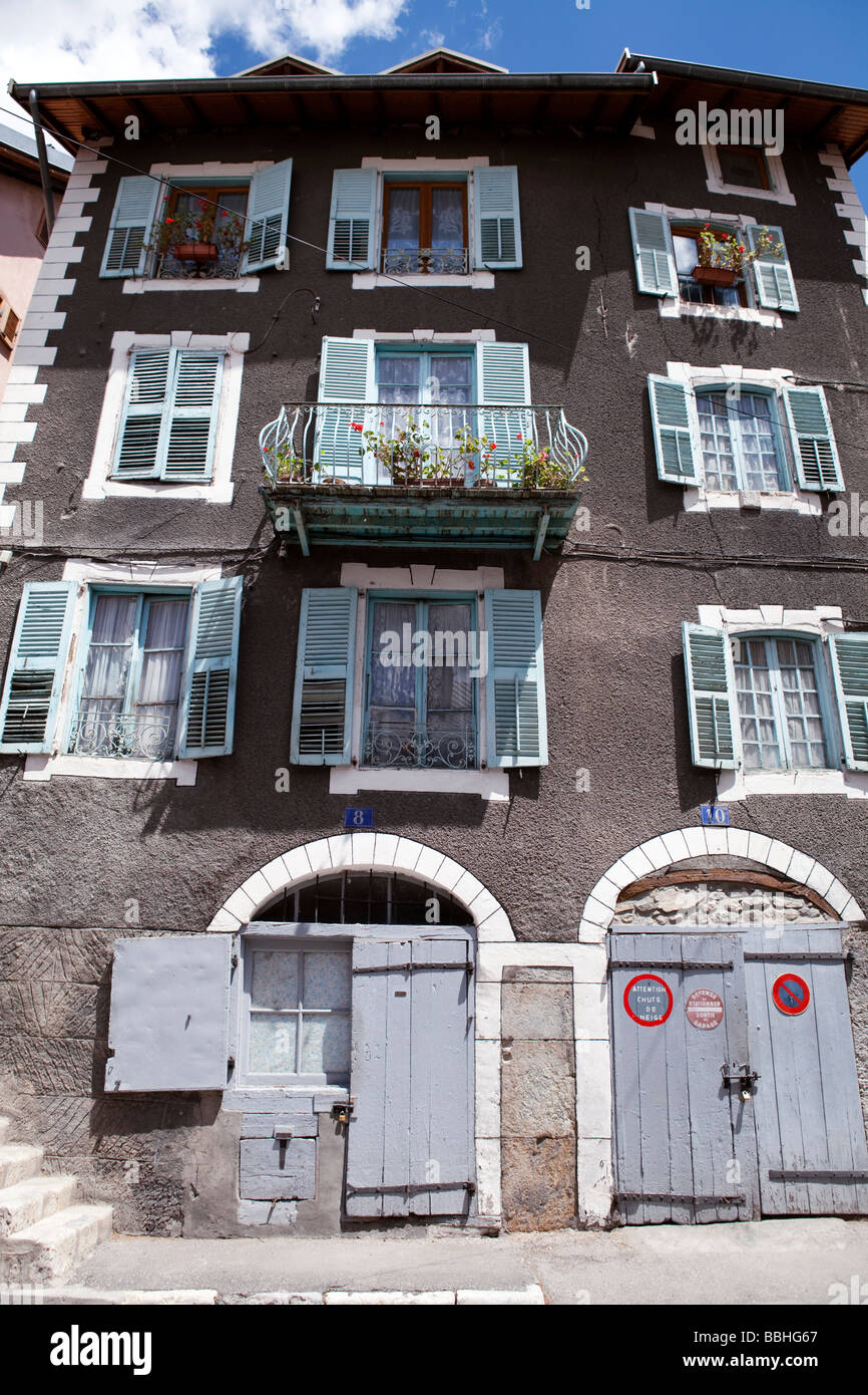 Alpine 3 Floors Grey House With Light Blue Doors And Windows Briancon Haute Provence France Stock Photo Alamy