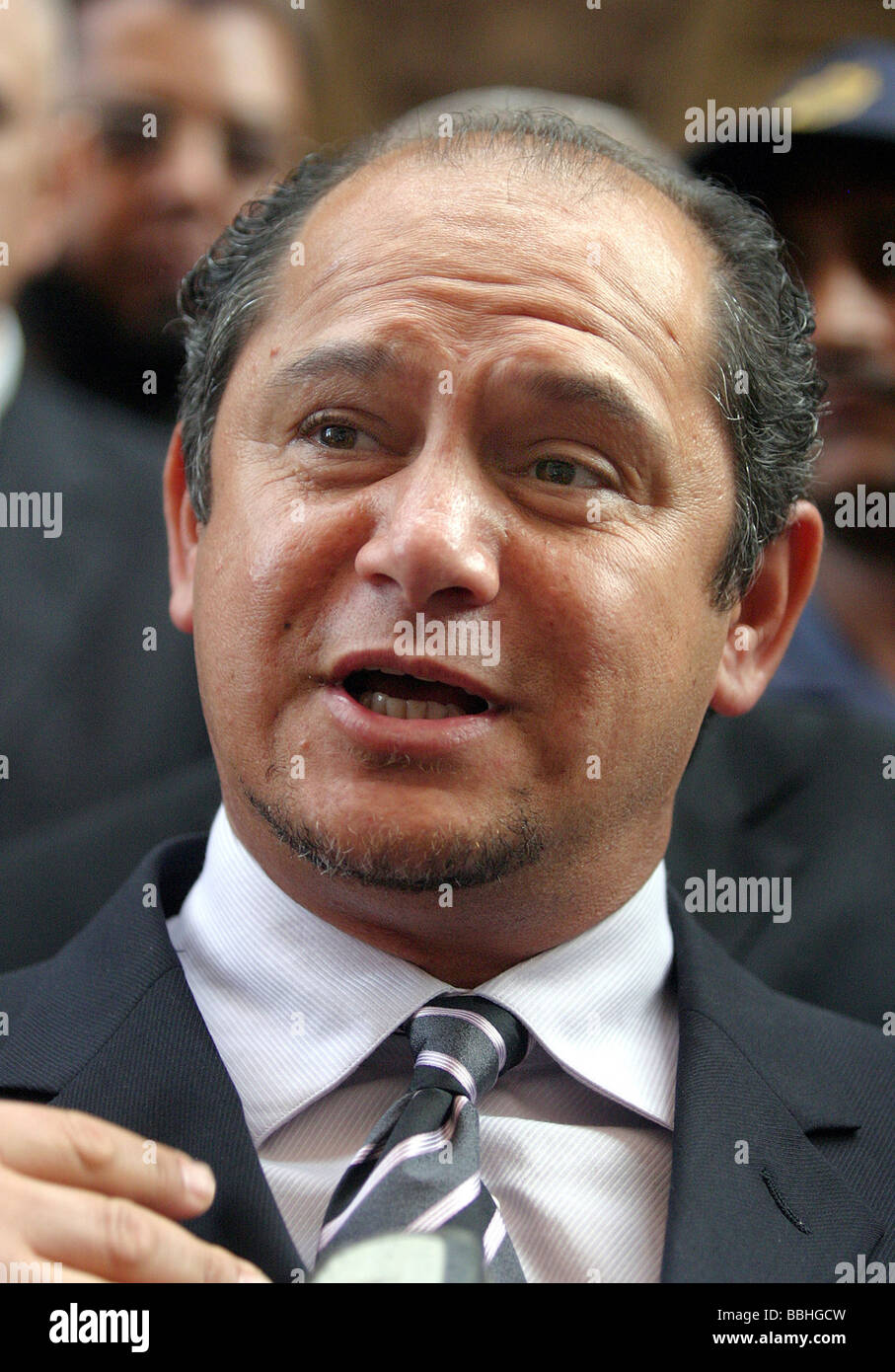 Convicted bussinessman Schabir Shaik addresses the media before leaving the Durban High court on 8 June 2005 after being found Stock Photo