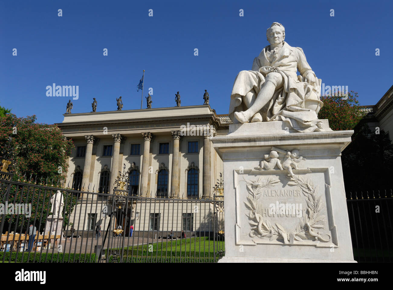 Berlin Germany Statue of Alexander von Humboldt outside Humboldt University on the Unter den Linden Stock Photo