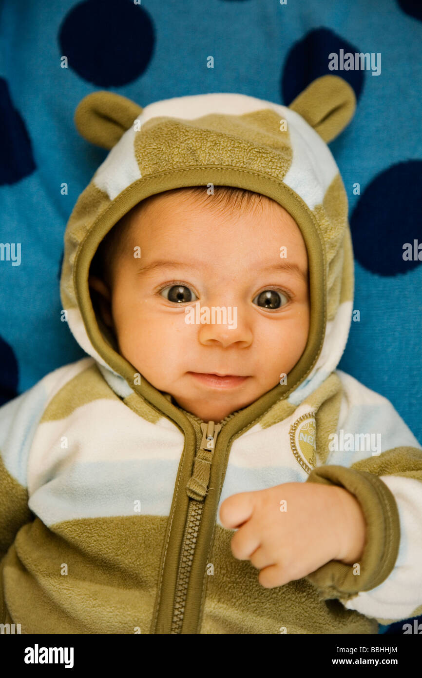 Little baby close up with hood Stock Photo