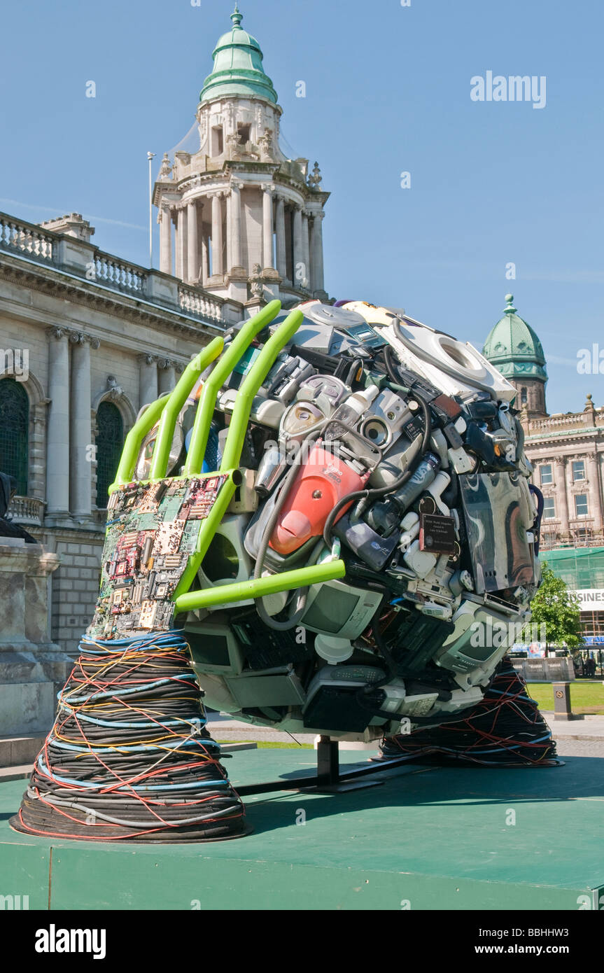 Sculpture by Colin McKnight, made from recycled electrical appliances to highlight WEEE Directive, outside Belfast City Hall. Stock Photo