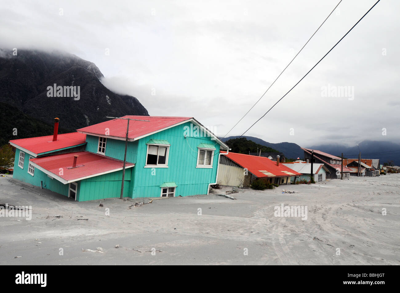 Destroyed houses in Chaiten after the volcanic eruption Stock Photo