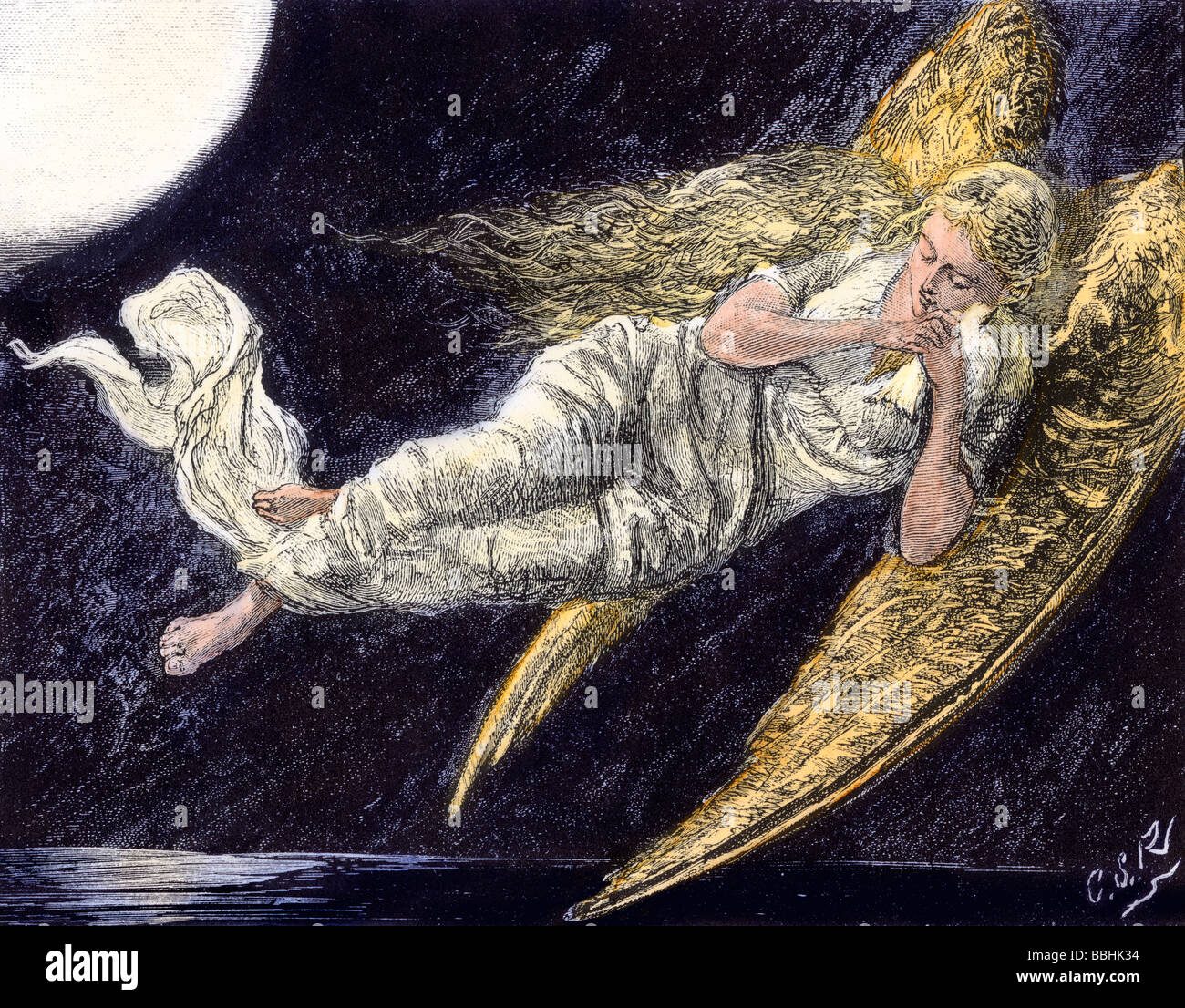 Angel flying in a moonlit sky. Hand-colored woodcut Stock Photo
