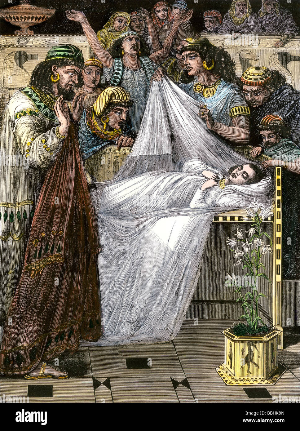 Death of Egyptians firstborn children sparing the enslaved Hebrew children. Hand-colored woodcut Stock Photo