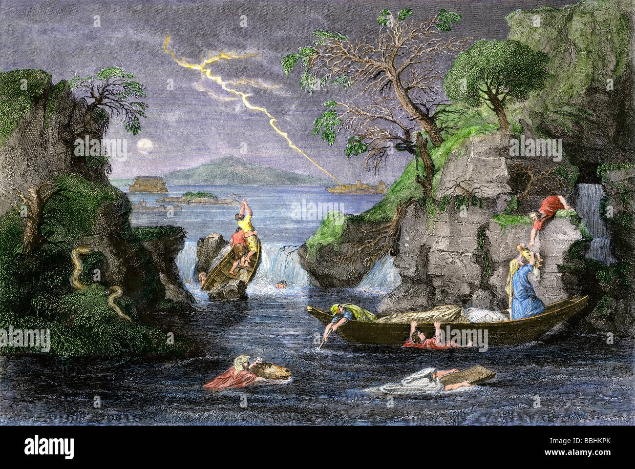 Wicked people trying to save themselves in the Biblical flood. Hand-colored steel engraving Stock Photo