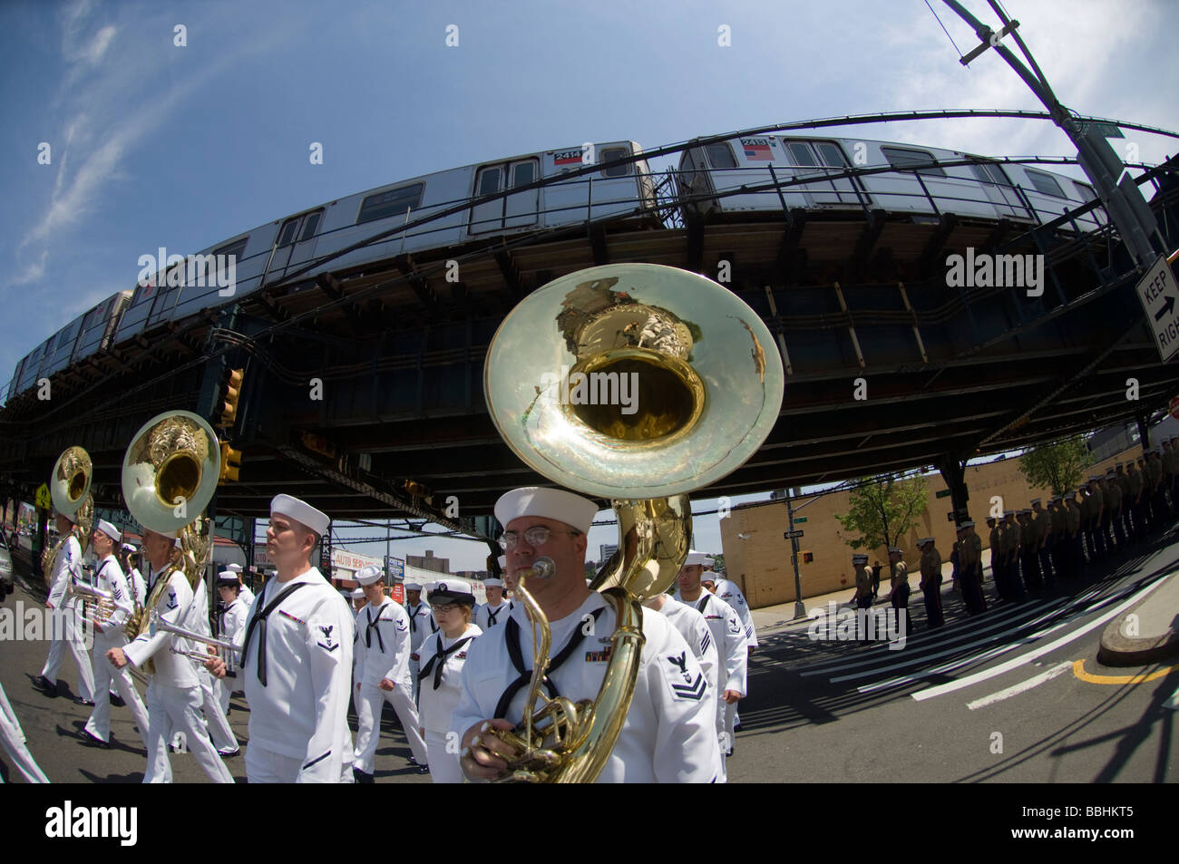 Navy Band Northeast marches in the Memorial Day Parade in the Inwood neighborhood of New York Stock Photo