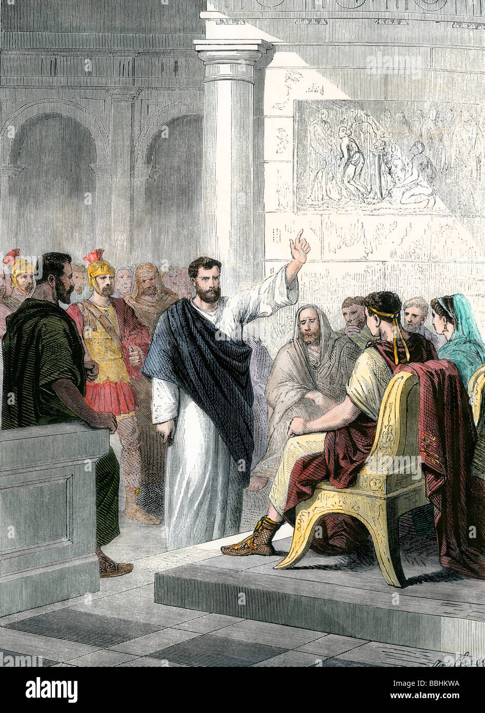 Apostle Paul defending himself before Roman Consul Agrippa. Hand-colored woodcut Stock Photo