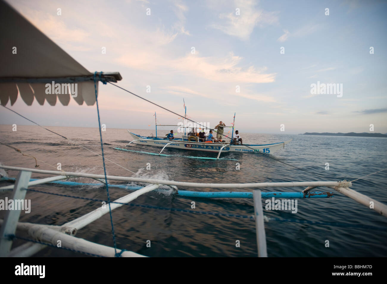 Outriggers off Sabang on route to the Puerto Princesa Subterranean River National Park on Palawan Philippines Stock Photo