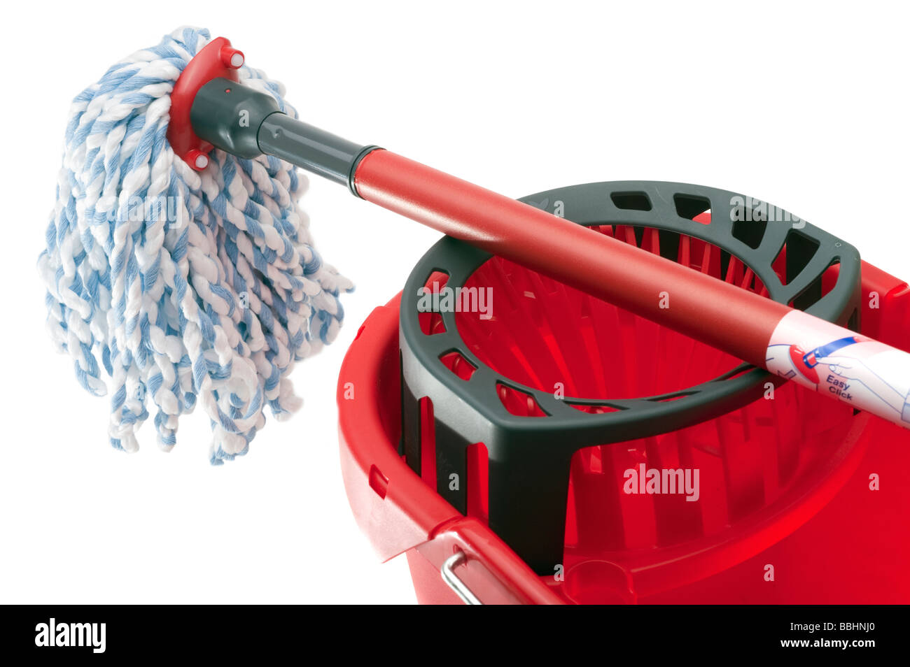 Red mop handle and plastic bucket Stock Photo Alamy