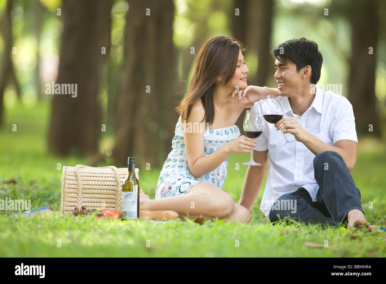 Young couple having picnic in the park Stock Photo - Alamy
