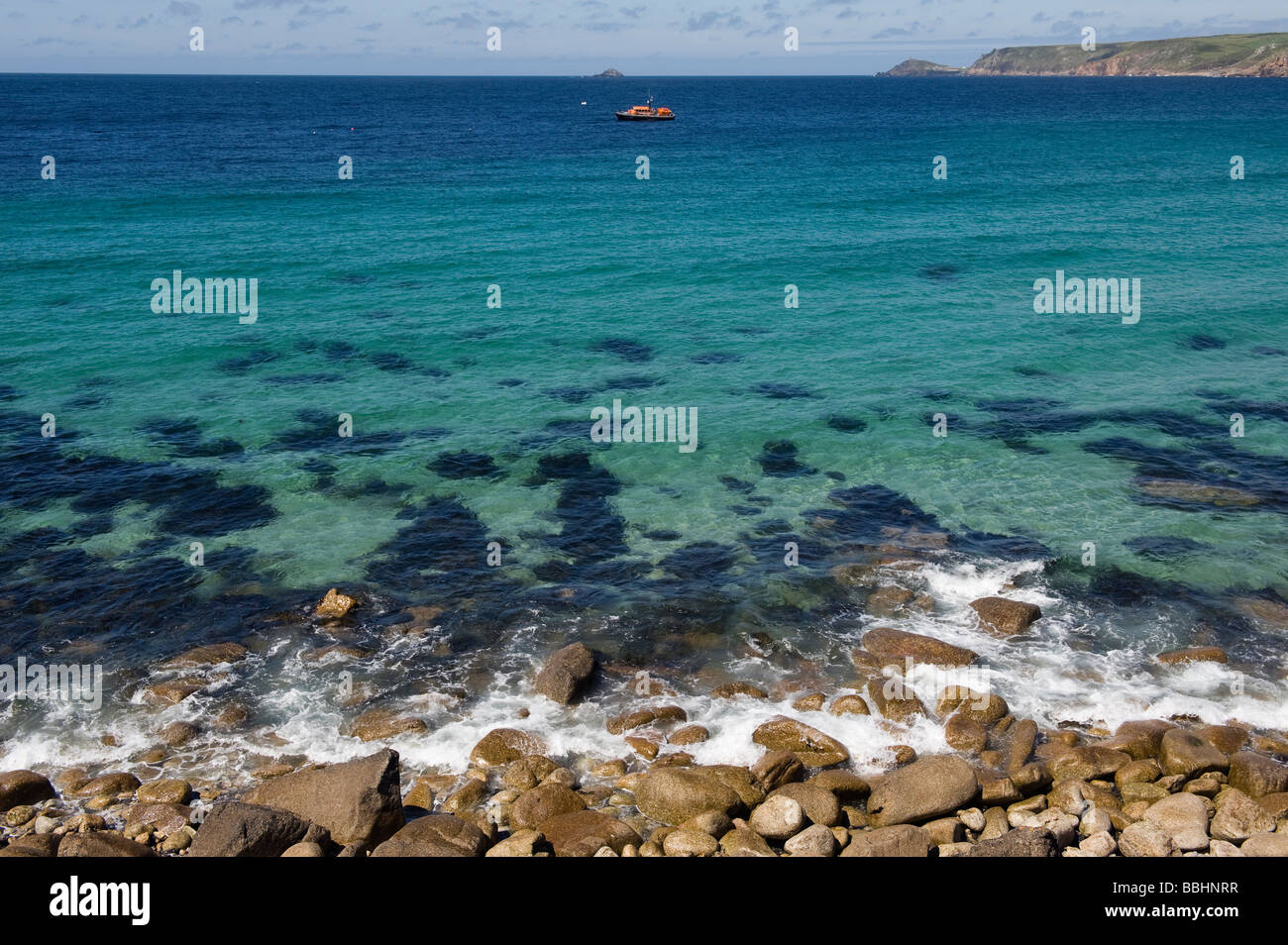 Green blue sea and rocks at Sennen Cove,, England,'Great Britain' 'United Kingdom' Stock Photo
