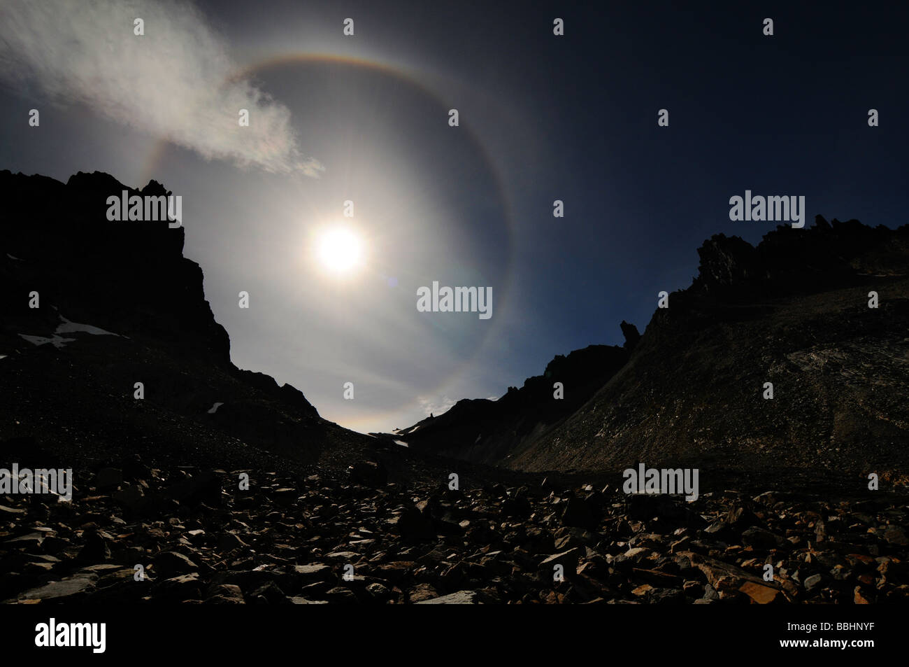 A ranbow halo around the sun in Chilean Patagonia Stock Photo