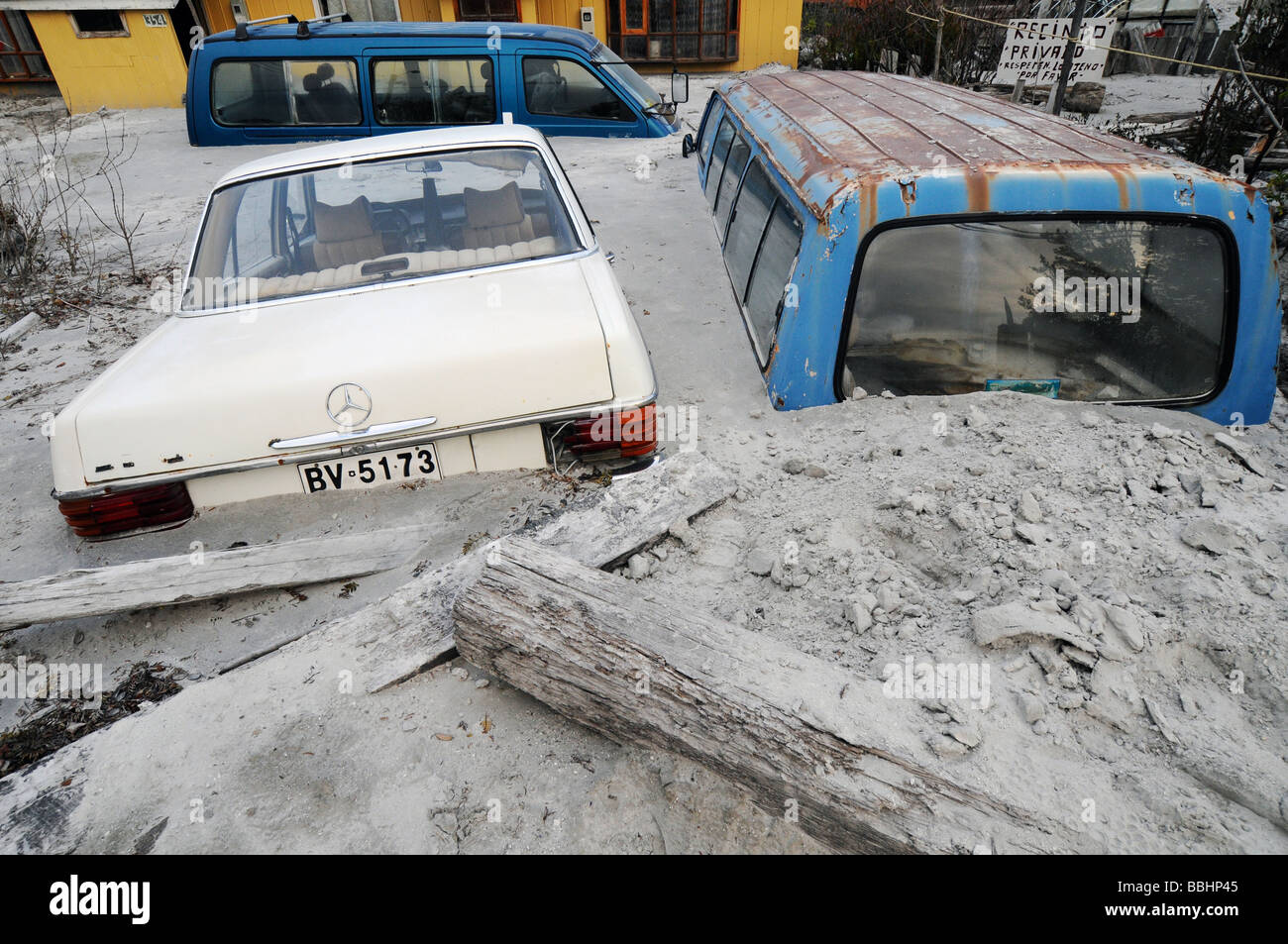 Cars buried by a mud flow in Chaten after the volcanic eruption Stock Photo