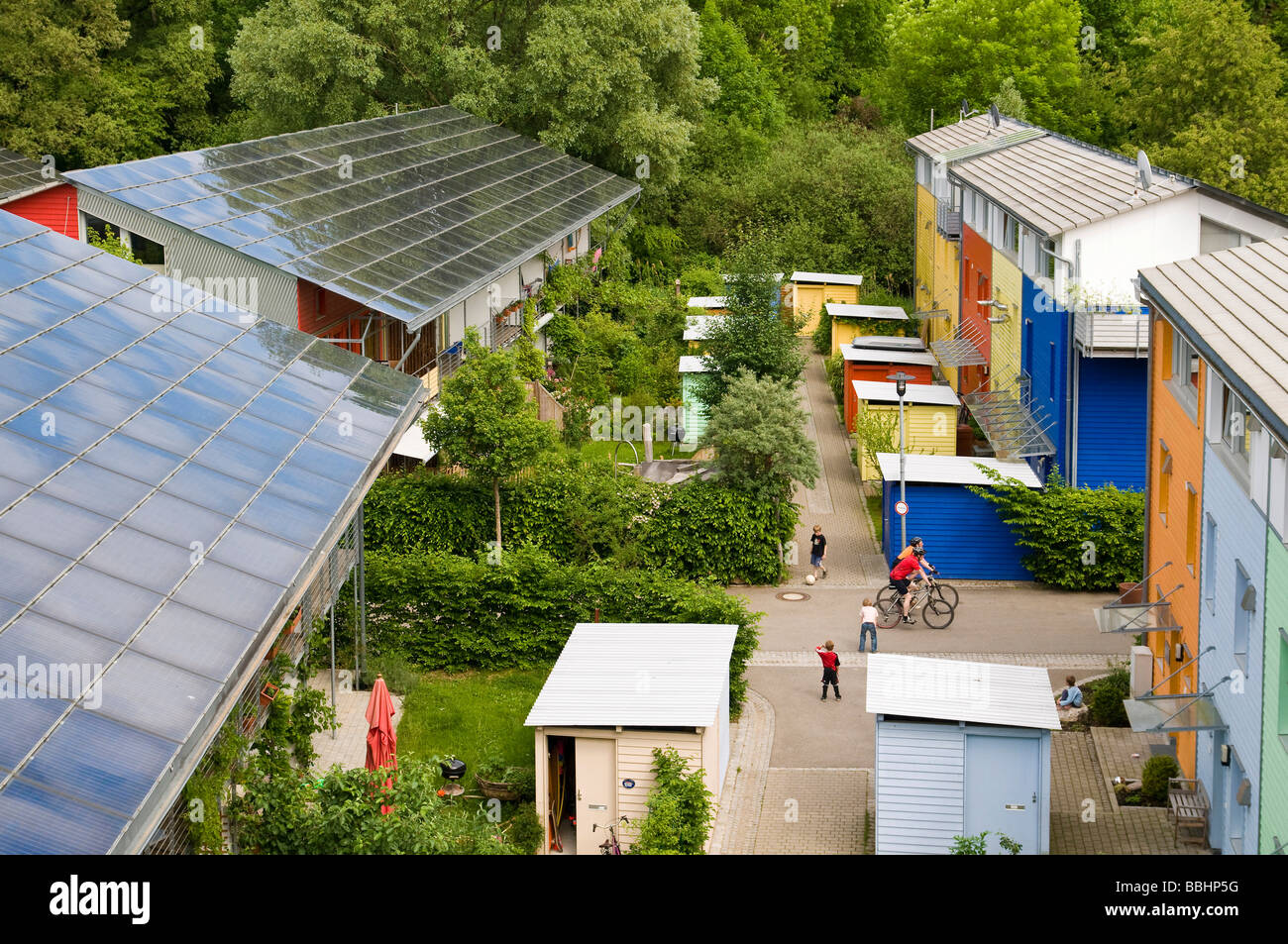 Solar roofs of the Solarsiedlung solar settlement, Vauban, Freiburg, Baden-Wuerttemberg, Germany, Europe Stock Photo