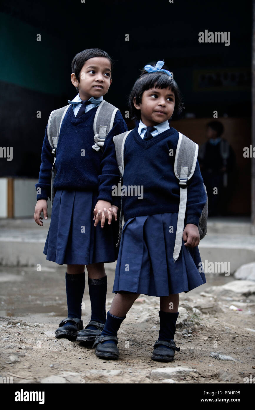 Pokhara, Nepal; Orphaned girls on their way to school Stock Photo